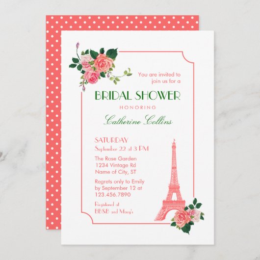 Eiffelturm und Rose Bridal Dusche Einladung (Vorne/Hinten)