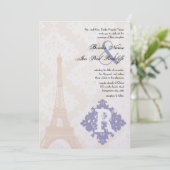 Eiffelturm Vintag Damask Silver Peony Lavender Einladung (Stehend Vorderseite)