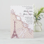 Eiffelturm Vintag Damask Silver Peony Lavender Einladung (Stehend Vorderseite)