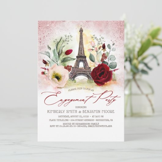 Eiffelturm Vintage Paris-Engagement-Partei Einladung (Stehend Vorderseite)