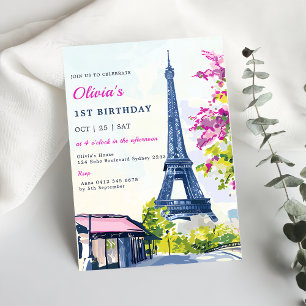 Eiffelturm Wasserfarbe Paris 1. Geburtstag Party Einladung