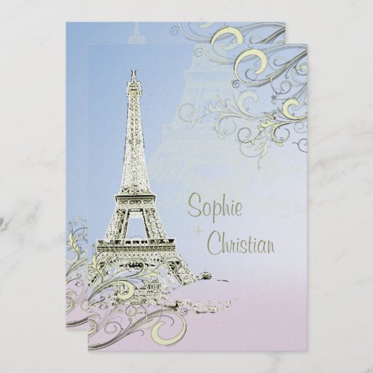 Eiffelturm + Wirbel Hochzeitsaufenthalte Einladung (Vorne/Hinten)