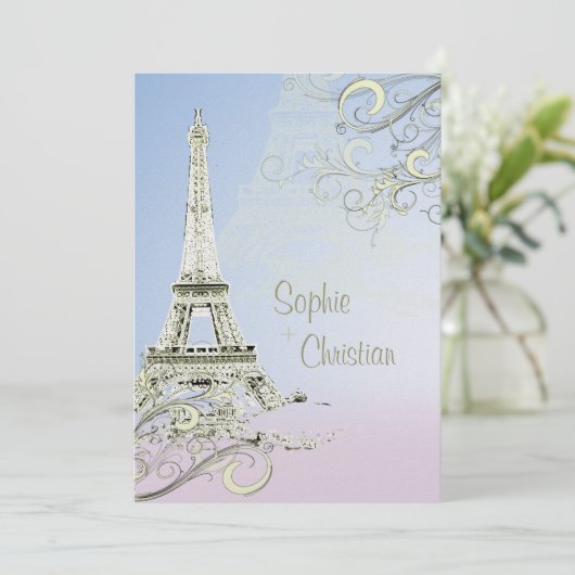 Eiffelturm + Wirbel Hochzeitsaufenthalte Einladung (Stehend Vorderseite)
