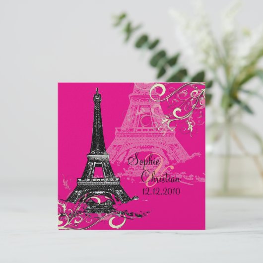 Eiffelturm + Wirbel Hochzeitsaufenthalte Einladung (Stehend Vorderseite)