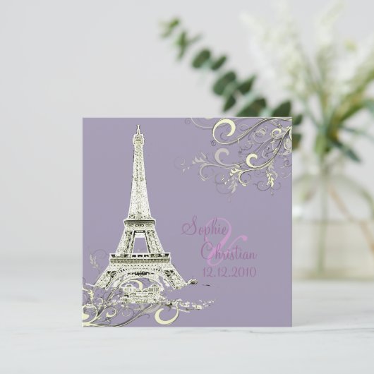 Eiffelturm + Wirbel Hochzeitsaufenthalte Einladung (Stehend Vorderseite)