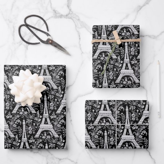 Eiffeltürme und Blume Schwarz Geschenkpapier Set (Vorderseite)