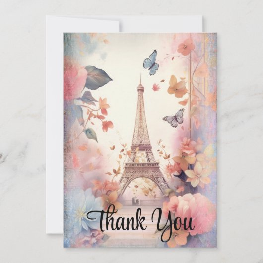 Eiffelturmschmetterlinge und Blume Dankeskarte (Vorderseite)