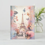 Eiffelturmschmetterlinge und Blume Dankeskarte (Stehend Vorderseite)