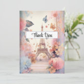 Eiffelturmschmetterlinge und Blume Dankeskarte (Stehend Vorderseite)