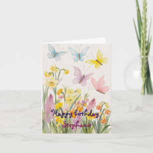 Eigene Frühlingsblumen und Schmetterling zum Gebur Karte