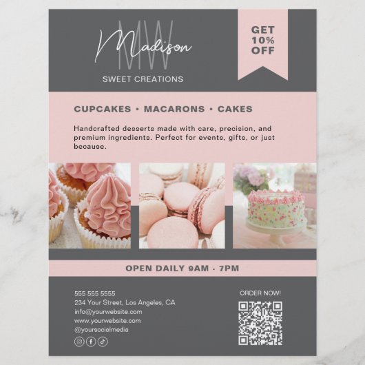 Eigene Monogram Logo-Bäckerei Grau-Rosa-Flyer Flyer (Vorne)