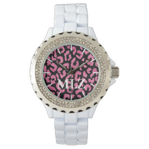 Eigene Monogramm-Druckleopardrucke mit heiß rosa F Armbanduhr