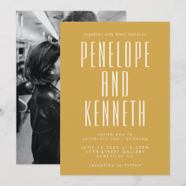 Eigene Namen Retro Typografie Gelbes Foto Hochzeit Einladung