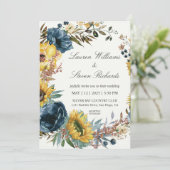 Eigene weiße Sonnenblumen und Hochzeit mit blauem Einladung (Stehend Vorderseite)