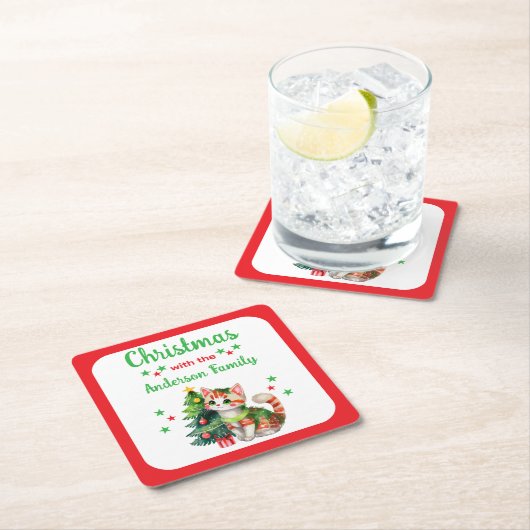Eigener Familienname - Baum und Katzenrot Weihnach Rechteckiger Pappuntersetzer (Vor Ort)