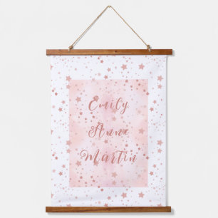 Eigener Name des Babys Pink Wasserfarbe und Sterne Wandteppich Mit Holzrahmen