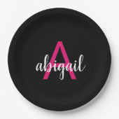 Eigener, rosa schwarzer Monogramm-Name Pappteller (Vorderseite)