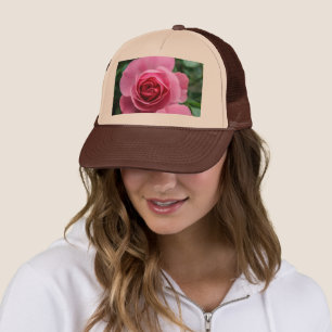 Eigener rosafarbener Rosenaufdruck Tan und Braun Truckerkappe