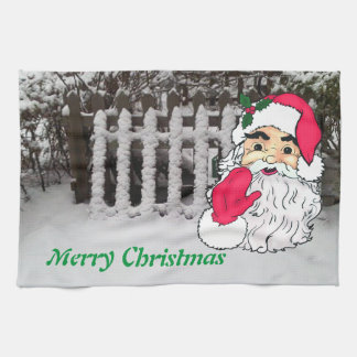 Eigener Schnee auf einem Sammelzaun mit Santa Küchentuch