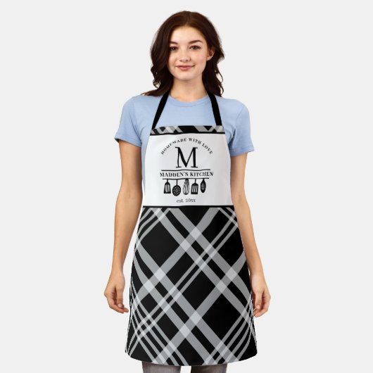 Eigener Text | Schwarz-weißes Buffalo Kariert Mono Schürze (Getragen)