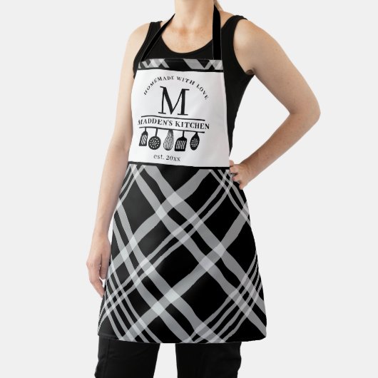 Eigener Text | Schwarz-weißes Buffalo Kariert Mono Schürze (InSitu)