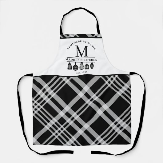 Eigener Text | Schwarz-weißes Buffalo Kariert Mono Schürze (Vorderseite)