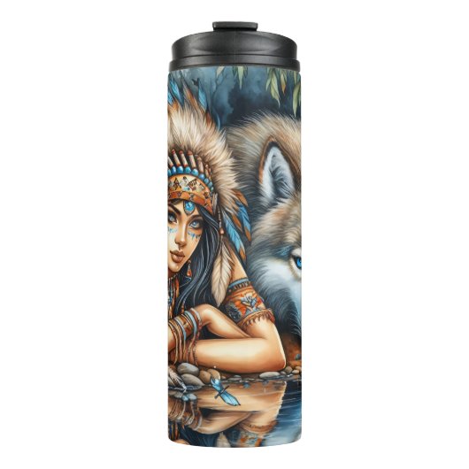 Eigener Wasserfarbengeist: Frau, Wolf, Feuer. Thermosbecher (Vorderseite)