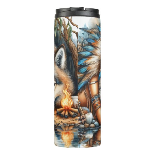 Eigener Wasserfarbengeist: Frau, Wolf, Feuer. Thermosbecher (Rückseite)