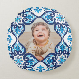 Eigenes Bild, blau-weiß Azulejos Rundes Kissen