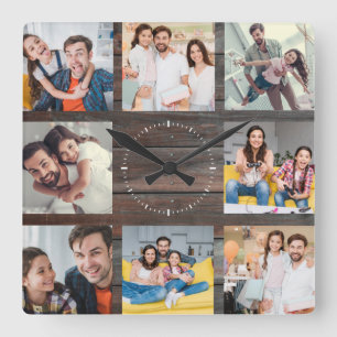 Eigenes Familienfoto Collage Modernes Dunkles Holz Quadratische Wanduhr