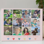 Eigenes Foto Collage Familienname farbenfrohe Herz Künstlicher Leinwanddruck<br><div class="desc">Herzlichen Glückwunsch zum Familienskriptname Sake-Geschenk mit 12 benutzerdefinierten quadratischen Foto-Collage und farbenfrohen Herzen auf einem pastellrosa,  rosa (veränderbaren) Hintergrund.         Laden Sie Ihre Fotos hoch und personalisieren Sie den Text!</div>