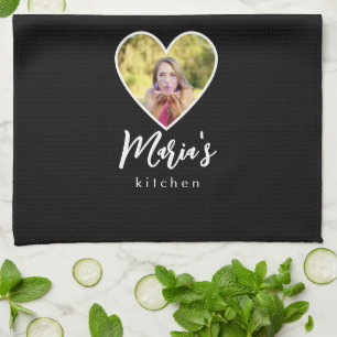 Eigenes Foto im Schwarzen Herzrahmen Moderne Kalli Geschirrtuch