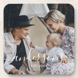 Eigenes Foto mit Familienname und Gründungsjahr Getränkeuntersetzer