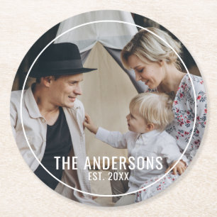 Eigenes Foto mit Familienname und Gründungsjahr Runder Pappuntersetzer