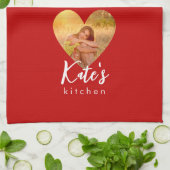 Eigenes Foto Roter Herzrahmen Moderne Kalligrafie Geschirrtuch (Gefaltet)