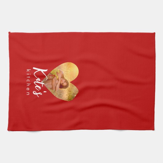 Eigenes Foto Roter Herzrahmen Moderne Kalligrafie Geschirrtuch (Horizontal)