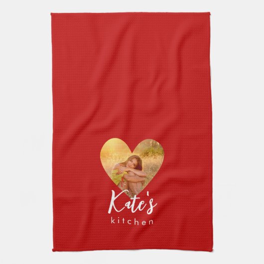 Eigenes Foto Roter Herzrahmen Moderne Kalligrafie Geschirrtuch (Vertikal)