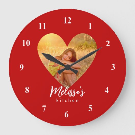 Eigenes Foto Roter Herzrahmen Moderne Kalligrafie Große Wanduhr (Vorderseite)