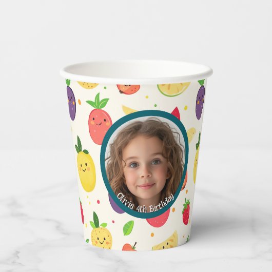 Eigenes Fruchtmotiv Foto und Name Pappbecher (Rückseite)