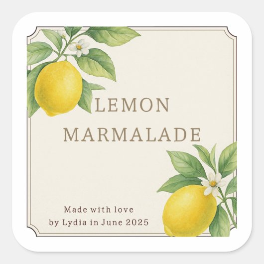 Eigenes hausgemachtes Lemon-Marmalade-Label Quadratischer Aufkleber (Vorderseite)