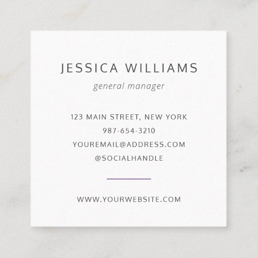 Eigenes Logo für Minimalistisches Unternehmen Lila Quadratische Visitenkarte (Rückseite)