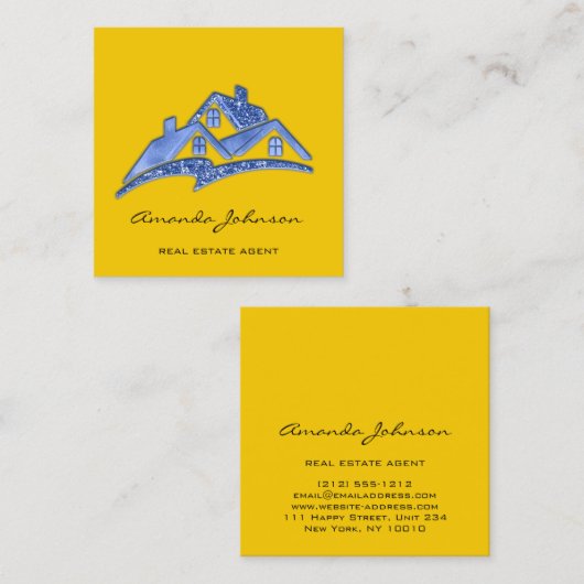 Eigenes Logo Reales Anwesen Agent Blau Gelb Quadratische Visitenkarte (Vorne/Hinten)