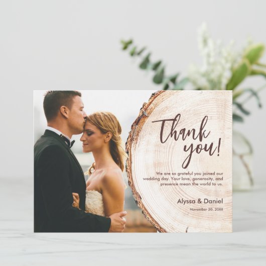 Eigenes rustikales Holz Einzigartiges Hochzeitssem Dankeskarte (Stehend Vorderseite)
