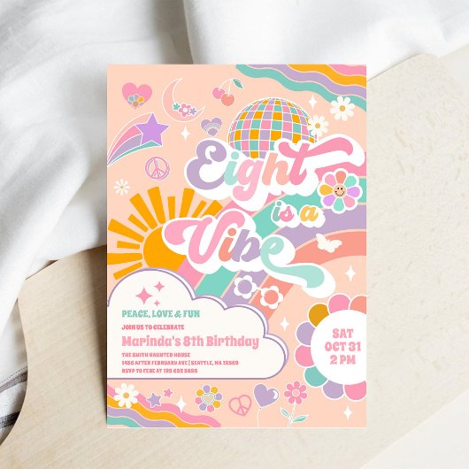 Eight Is A Vibe Sun Rainbow Disco 8th Birthday  Einladung