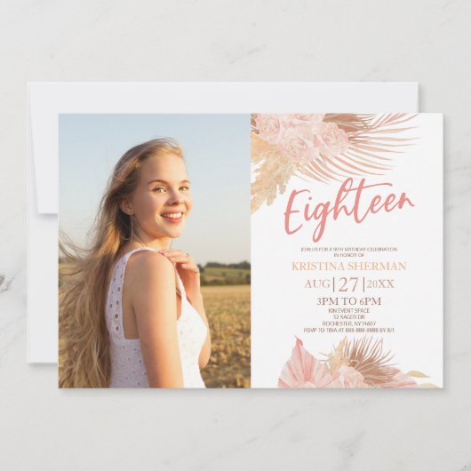 Eighteen Boho Pink Photo 18th Birthday Party Einladung (Vorderseite)