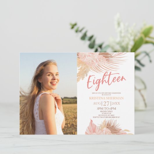 Eighteen Boho Pink Photo 18th Birthday Party Einladung (Stehend Vorderseite)