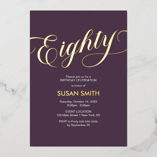 Eighty Birthday Elegant Invitation Foil Invitation Folieneinladung (Vorderseite)
