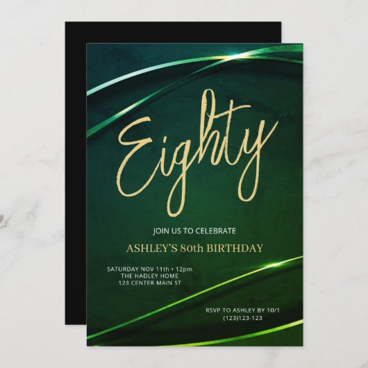 Eighty Emerald Green and Gold 80th Birthday Einladung (Vorne/Hinten)