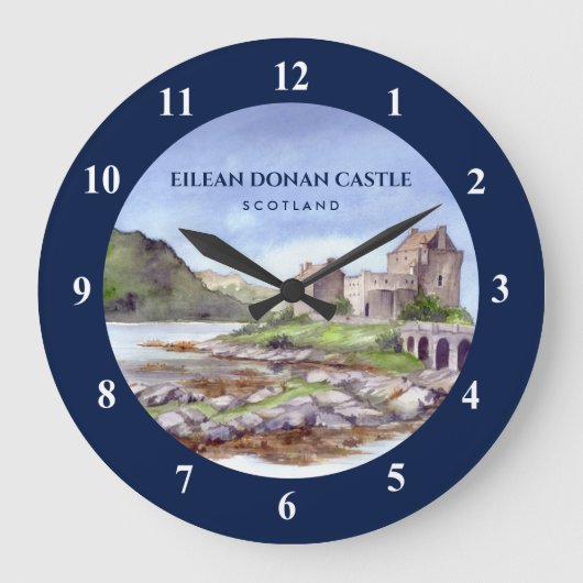 Eilean Donan Castle Scotland Aquarellmalerei Große Wanduhr (Vorderseite)