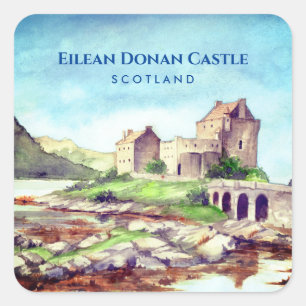 Eilean Donan Castle Scotland Aquarellmalerei Quadratischer Aufkleber